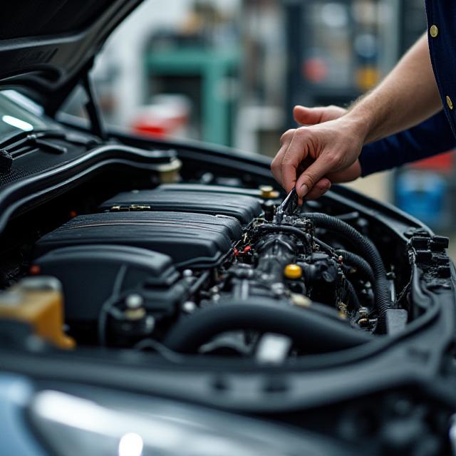 熟練のメカニックがエンジンルームを細かく点検している様子