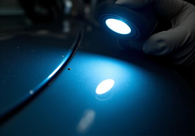 特殊なライトを当てて塗装の傷を確認する様子
